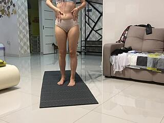 angie elif fingers her tight pussy after yoga with small tits bouncing