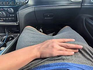 she strokes his cock for a messy handjob that explodes in huge cumshot while driving down the road