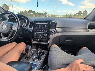 she strokes his cock for a messy handjob that explodes in huge cumshot while driving down the road