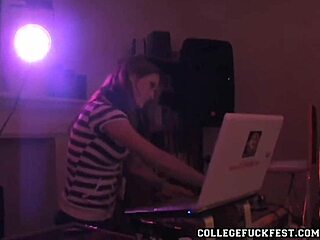 lesbian teen's pussy gets toyed while partygoers watch