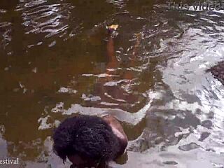 Skinny African Village Girl's River Bath Turns Outdoor Tease