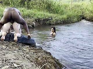 outdoor sex by the river... got two hotties suckin my bbc then creampied both deep