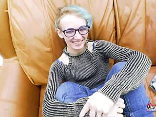 Petite Blue Haired Teen Fingers Shaved Twat Sucks Monster Cock