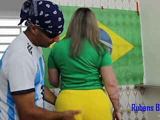 chubby brazilian milf neighbor rides cock cowgystyle in see-through red after copa america win