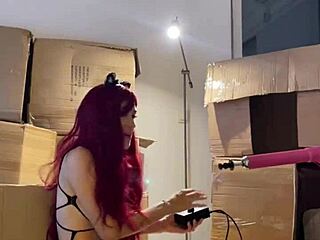 WOW! redhead teen strips sexy and preps dildo machine in her mouth!