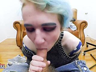 Petite Blue Haired Teen Fingers Shaved Twat Sucks Monster Cock