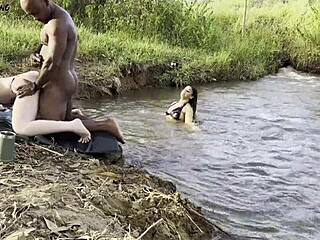 outdoor sex by the river... got two hotties suckin my bbc then creampied both deep