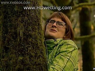 Handcuffed tree slut begs desperately to pee now!