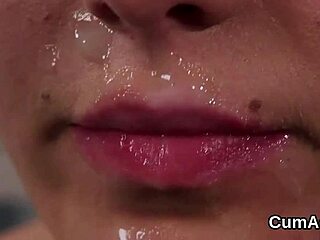 naughty classy bimbo bombshell slurps bukkake cum swapping every facial drop