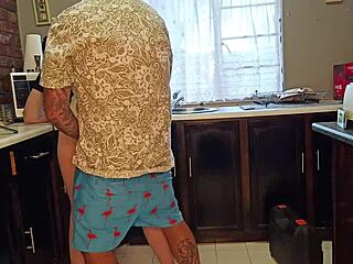 curvy milf horny handjob cums on kitchen ass