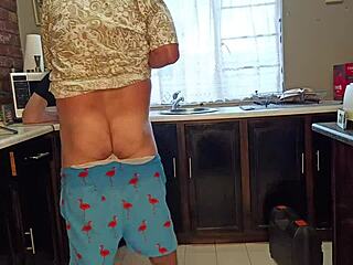 curvy milf horny handjob cums on kitchen ass