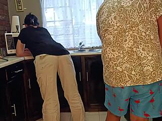 curvy milf horny handjob cums on kitchen ass