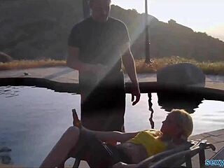 blonde playboy babe sucks cock then fucks poolside outdoors