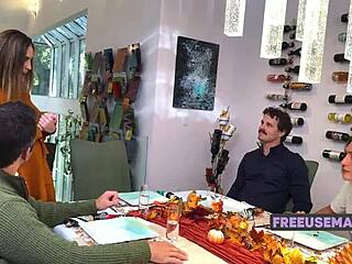 thanksgiving freeuse foursome has mommy milf gangbanged with bouncing tits