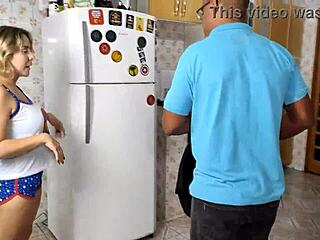 Blonde milf slut deepthroats BBC in kitchen quickie