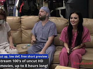 blaire celeste spreads her shaved pussy during intense nurse patient exam backstage