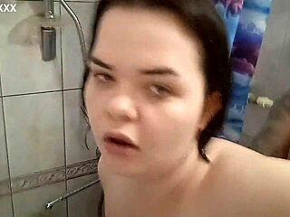 Tattooed chubby couple bangs doggystyle post-shower in bathroom