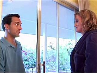 Nasty bimbo blonde tits cumshot facial on sofa