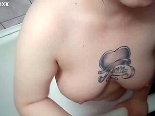 Tattooed chubby couple bangs doggystyle post-shower in bathroom