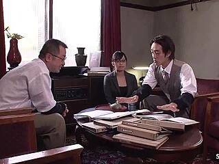 young japanese secretary glasses seduces old boss deepthroat titjob swallows uncensored