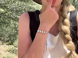 Cute Blonde Strips Naked in Jungle Showing Big Tits Ass