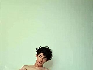 Skinny young horny girl masturbates monster cock cum covered on bed