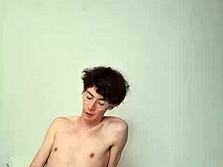 Skinny young horny girl masturbates monster cock cum covered on bed