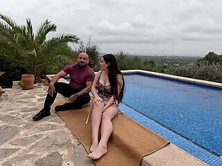 curvy step-daughter's big natural tits bounce during anal fuck near pool