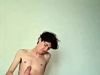 Skinny young horny girl masturbates monster cock cum covered on bed