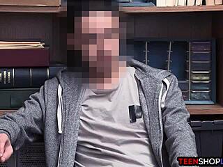 Female mall cop milf blackmails young guy for office sex