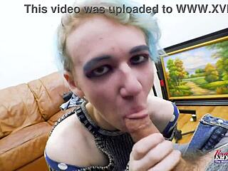 blue haired nerd raven masturbates pussy then swallows big cock cum