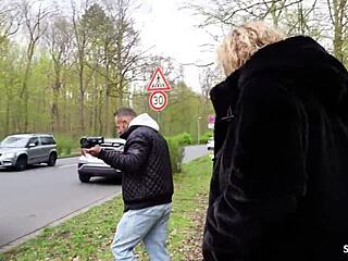 German curvy mature wife kathy's big tits bounce in street bus casting fuck