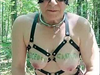 Bound French Slave Sucks in Forest Dogging!