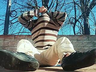 muscular guy strokes monster cock outdoor till cum