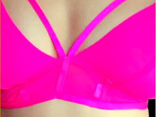 wifey models hot pink lingerie flashing her perfect big tits around the house