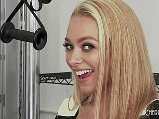 Quarterback, wanna taste this busty cheerleader's shaved pussy after workout?