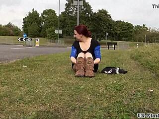 Public exhibitionist Isabel Dean toys shaved pussy flashing roundabout