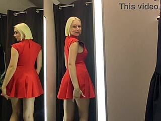 blonde wife flashes big tits in see-through try-on haul at mall