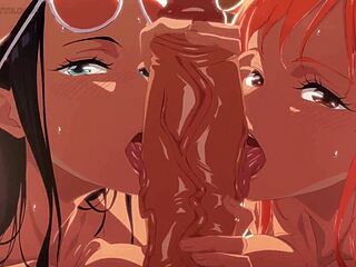 Two Cute Hentai Girls Share Massive Cock in One Piece Parody
