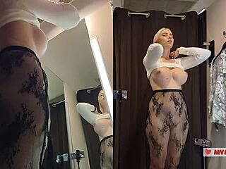 POV spying busty blonde trying see-through clothes in changing room mirror