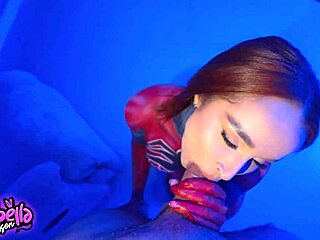 spiderwoman cosplay slut rides fan's cock till he explodes inside