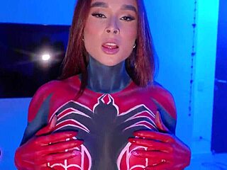 spiderwoman cosplay slut rides fan's cock till he explodes inside