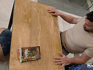 Squirting brunette babe rides big cock in dorm, janitor almost catches her pounding wet pussy!