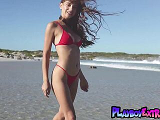 gloria sol strips naked posing her natural tits on beach