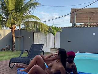 married brunette latina fucks two neighbors by pool