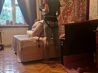 Slim Russian mistress Anastasia pegs slave Sasha's ass homemade hard