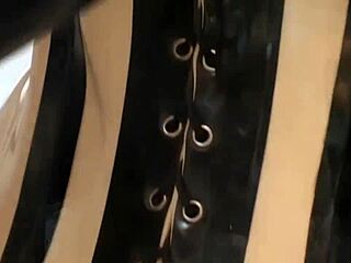 slutty latex mistress rides cock with gaping ass fingering