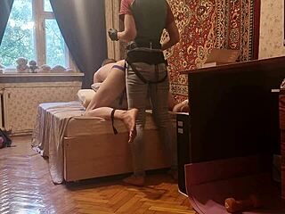 Slim Russian mistress Anastasia pegs slave Sasha's ass homemade hard