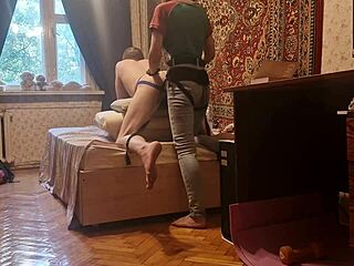 Slim Russian mistress Anastasia pegs slave Sasha's ass homemade hard