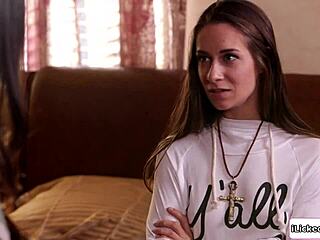 After masturbating stepdaughter's wet pussy, big tits stepmom grinds her face hard.